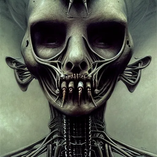 Image similar to a portrait of a beautiful biomechanical queen of necropolis, horror concept art by giger and beksinski and szukalski, digital art, highly detailed, intricate, sci-fi, sharp focus, Trending on Artstation HQ, deviantart, unreal engine 5, 4K UHD image