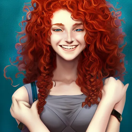 Image similar to a young woman with curly red hair, freckles, smart, portrait, shallan davar, blue eyes, smiling, thick hair, rpg, dnd, fantasy, artgerm style