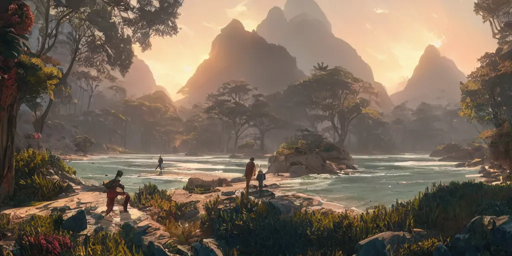 Image similar to a gleaming crystal archipelago in gta v, stephen bliss, unreal engine, illustration, fantasy art by greg rutkowski, loish, rhads, ferdinand knab, makoto shinkai and lois van baarle, ilya kuvshinov, rossdraws, tom bagshaw, global illumination, radiant light, detailed and intricate environment