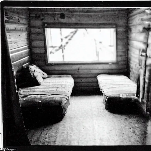 Prompt: a picture taken on an old photo with a bad bitrate inside of a cabin, there is mold all over the cabin floor, 2.2mm Lens.