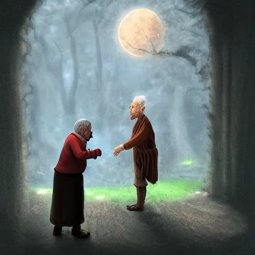 Prompt: old man greeting a visitor at an old magical door, digital art, 4 k, fantasy