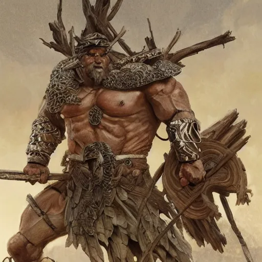 Image similar to muscular ogre - like fierce warrior with tree - bark skin wearing intricate stone and wood armor, towering above a group of soldiers, battlefield, highly detailed, digital painting, artstation, concept art, smooth, sharp focus, illustration, art by artgerm and greg rutkowski and alphonse mucha