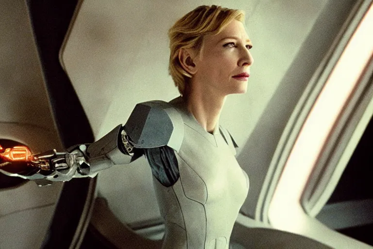 Image similar to cate blanchett on the bridge of a starship,cyborg arm, retro, movie still