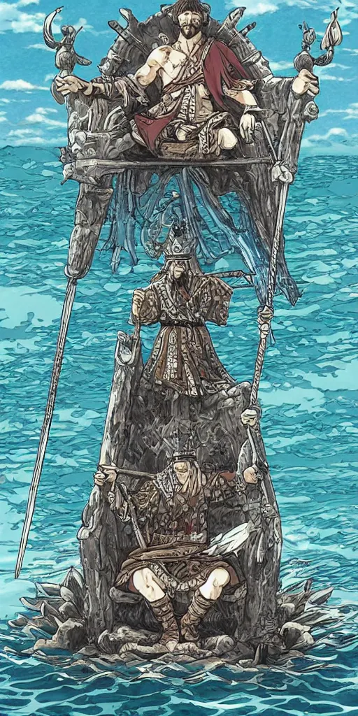 Image similar to a single highly detailed lone king sitting on a throne floating on water in the middle of a lake drawn by Makoto Yukimura in the style of Vinland saga anime, full color, detailed,