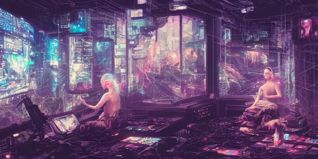 Prompt: a portrait of a meditator, cyberpunk, eeg nodes on scalp, thousands of screens, cinematic, cinema, amazing detail, incredible utopian atmosphere, lush, by moebius and mohrbacher