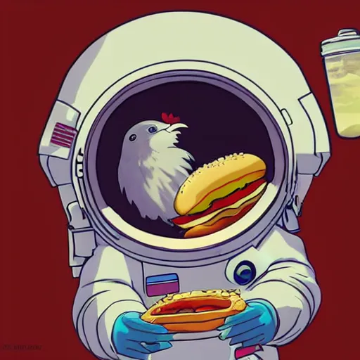 Prompt: a humanoid chicken!!!!! astronaut trying to eat a burger while floating inside of a space station, trending on artstation, cgsociety contest winner, 4 k quality, digital art, anime style, studio ghibli!!!!!