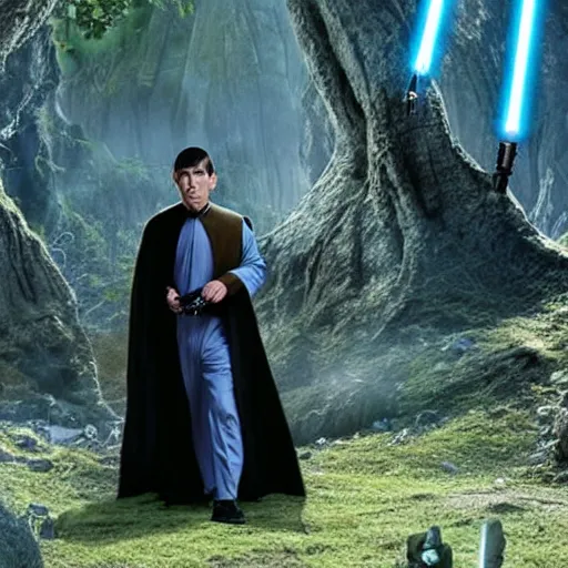 Prompt: a still shot of a movie, spock from star trek, spock holding a starwars lightsaber, spock in the hobbit shire, spock wearing hogwarts robes, spock is wearing a wizard's hat, 4k