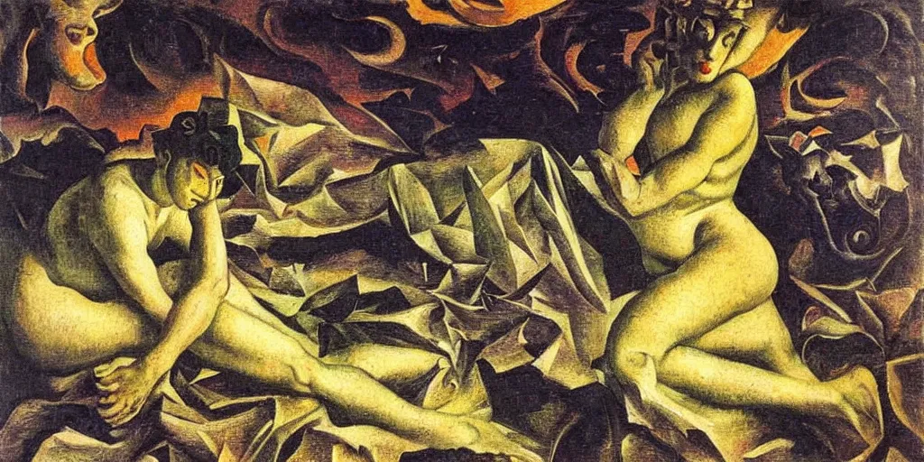 Prompt: the lotus eater at the dying of the light. umberto boccioni, caravaggio, max ernst h 7 6 8