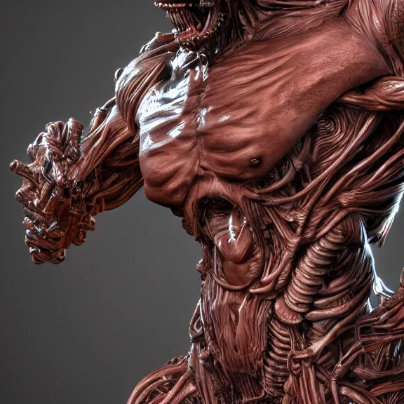 Prompt: highly detailed full body picture of a biomechanical statue, grotesque, bizarr, fleshy, character art, studio lightning, dark colors, intricate, masterpiece, photorealistic, hiperrealistic, sharp focus, high contrast, Artstation HQ, DeviantArt trending, 4k UHD, Unreal Engine 5