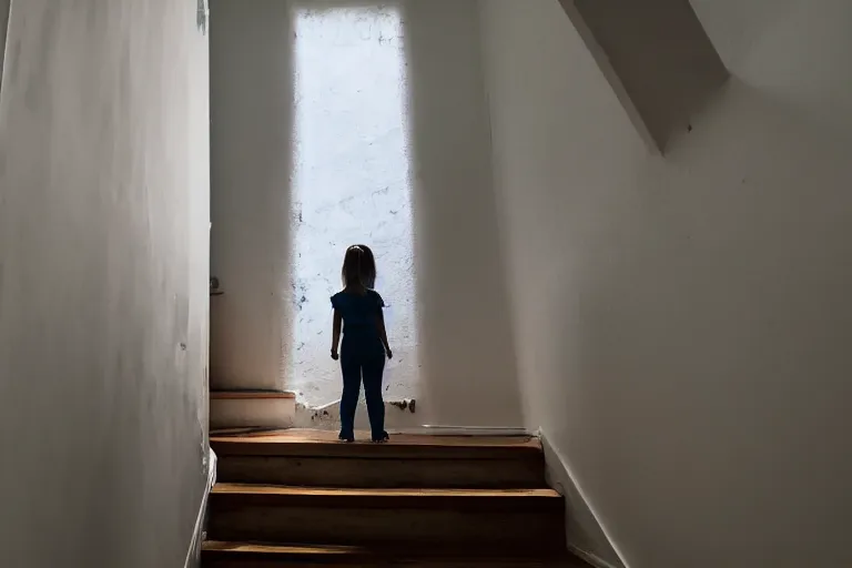 Image similar to a girl standing at the top of stairs in a house, looking at the ghost of a man at the bottom