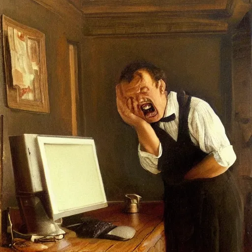 Image similar to an angry man yells at his computer monitor, oil on canvas, 1 8 8 3, highly detailed