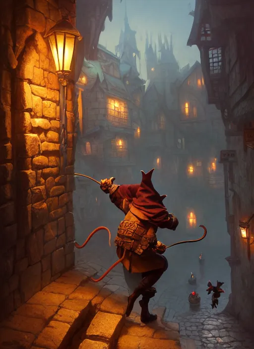 Prompt: Anthropomorphic mouse thief with a hood sneaking through a medieval town by night, DnD character, unreal engine, octane render, dramatic lighting, pond, digital art, by Stanley Artgerm Lau, greg rutkowski, thomas kindkade, alphonse mucha, loish, norman Rockwell