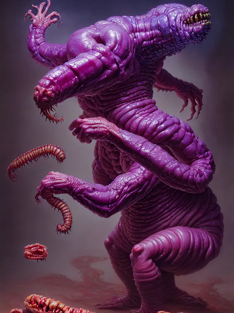 Image similar to hyperrealistic rendering, fat smooth cronenberg flesh monster d & d purple worm by donato giancola and greg rutkowski and wayne barlow and zdzisław beksinski, eyeballs, lightning, magic runes, product photography, action figure, sofubi, studio lighting, colored gels, colored background