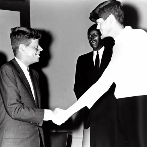 Prompt: president john f kennedy shaking hands with an alien, black and white photography, detailed, ultra realistic, photorealistic, cinematic