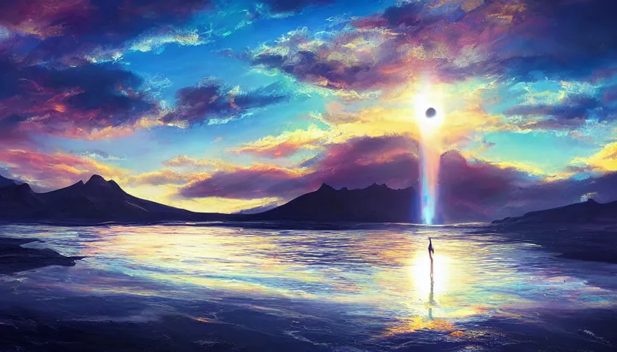 Image similar to solar eclipse in iceland, black sand, colorful clouds, blue sky, water reflection, jessica rossier, art station