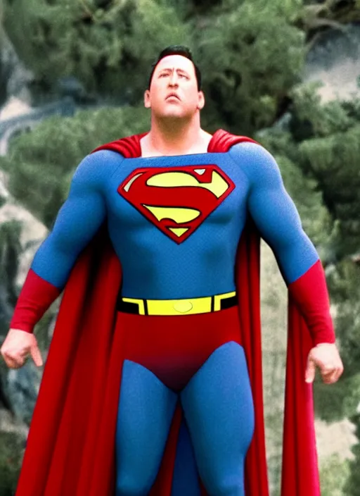 Prompt: film still of kevin james as superman in superman, 4 k