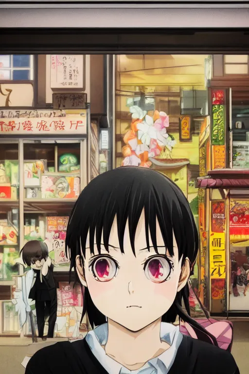 Prompt: Kodak portra 160, 8K, highly detailed, seinen manga portrait, eye contact, focus on smile, tilt shift background: famous artist in low budget syd mead anime remake, flower shop scene