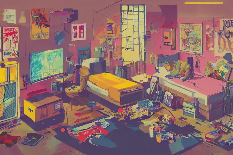 Image similar to a room of an american teen, graffiti and posters on the wall, bright, 8 0 s style, nostalgic, the sun shines in, warm, cozy, isometric art, bright, artstation, highly detailed, cinematic lighting + masterpiece