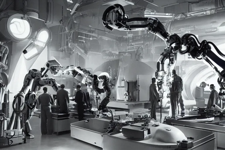 Prompt: a futuristic film studio with robot technicians preparing a scene by Stanley kubrick, sci-fi, color vibe, reimagined by industrial light and magic