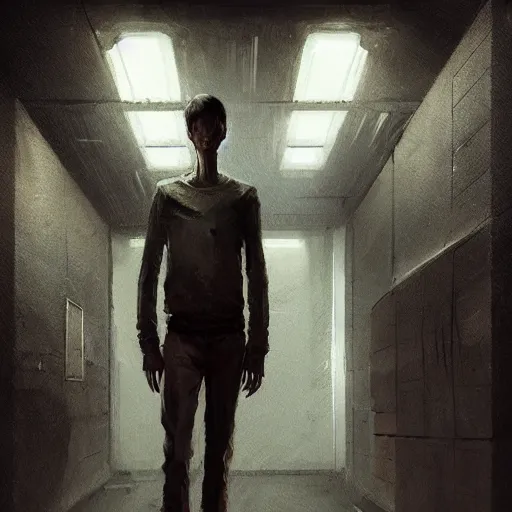 Prompt: concept art by greg rutkowski, a very tall and slender young man, dressed in patient clothes and an open sweatshirt, wandering through the desolate, futuristic, brutalist interior of a space colony, depressing atmosphere, low lighting, scifi, highly detailed portrait, digital painting, artstation, concept art, smooth, sharp foccus ilustration, artstation hq