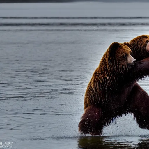 Prompt: kodiak bears kung - fu fighting on a lakefront using salmon as weapons, dusk, 8 k, hdr, cinematic, rule of thirds,