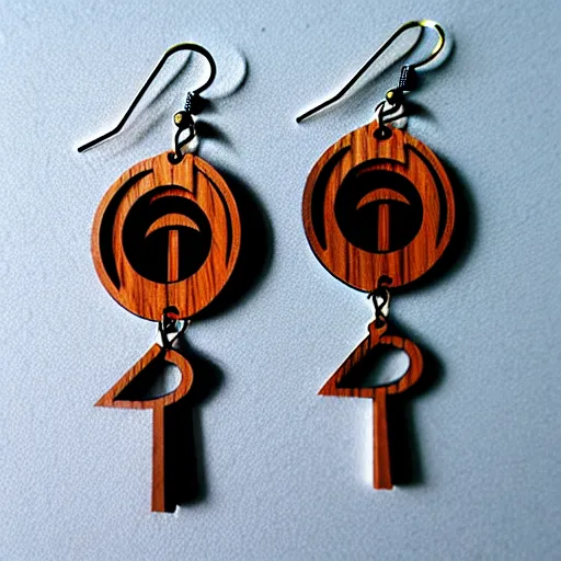 Image similar to 2 d wood lasercut earrings, mystical symbols, 8 k, hd, trending on amazon on artstation, trending on deviantart, trending on etsy, epic digital art