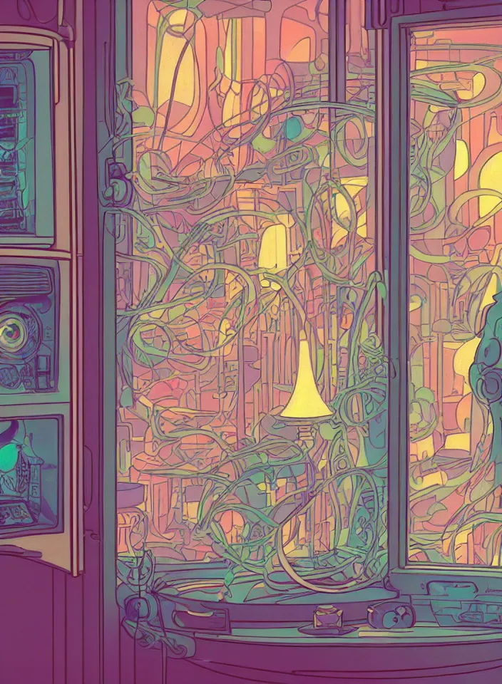 Image similar to telephoto 7 0 mm f / 2. 8 iso 2 0 0 photograph depicting the feeling of chrysalism in a cosy safe cluttered french sci - fi ( ( art nouveau ) ) cyberpunk apartment in a pastel dreamstate art cinema style. ( cat ) ( ( fish tank ) ), ambient light.