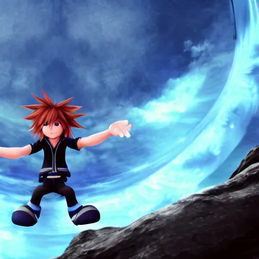 Prompt: Riku from Kingdom hearts floating in the air with one black wing, hd, intricate, Highly detailed, video game, 8k, digital art