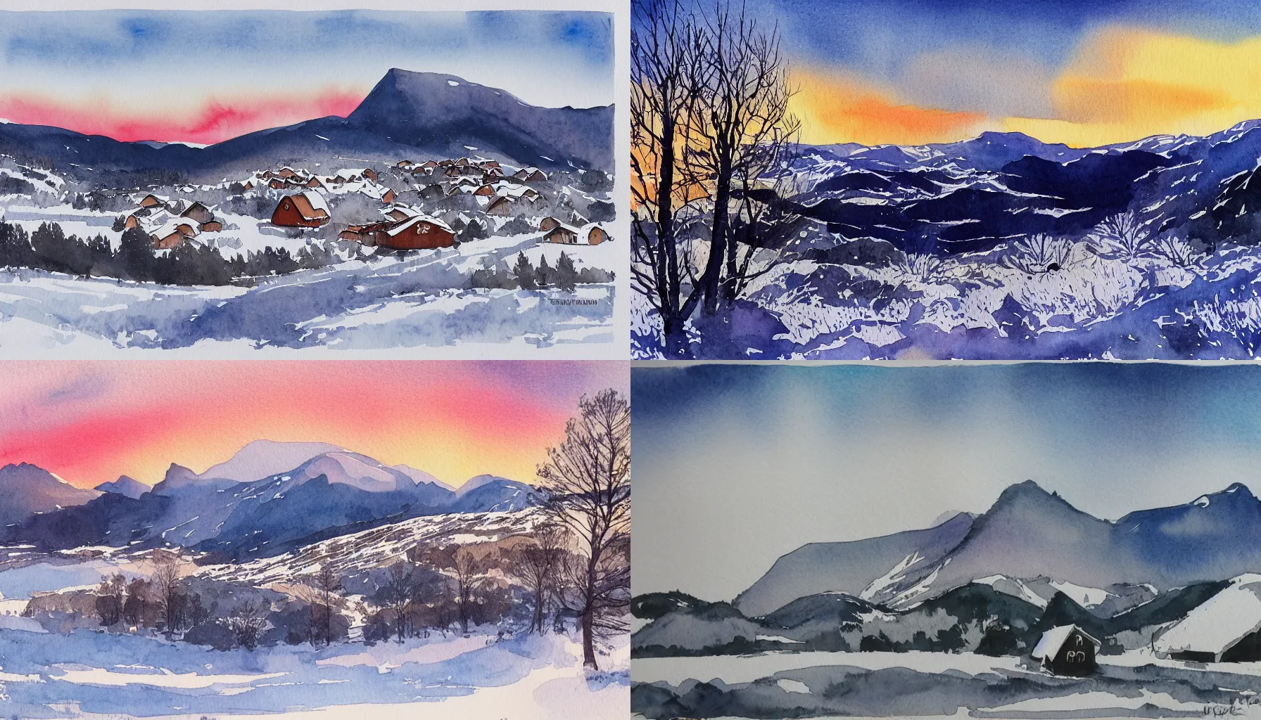 Prompt: norway, sunrise, countryside, mountains, winter, snow, trees, mountains, artstation, medium: watercolor and ink
