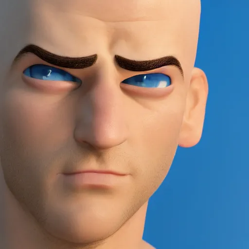 Image similar to handsome thin athletic white man with short buzzed thinning hair, facial stubble and blue eyes posing, depicted as a Pixar character, high quality cg render, 4k