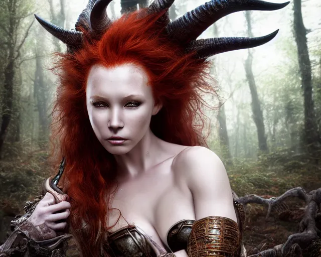 Image similar to 5 5 mm portrait photo of an armored redhead woman warrior, and horns growing from her head, in a magical forest. by luis royo. highly detailed 8 k. intricate. lifelike. soft light. nikon d 8 5 0. cinematic post - processing