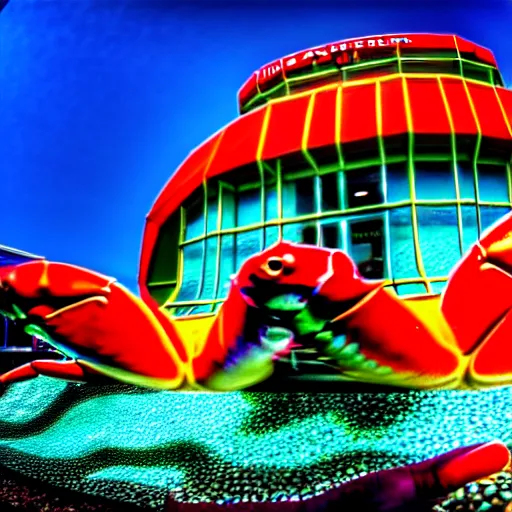 Image similar to 1 9 8 5 crab themed giant aquarium, googie architecture, one point perspective, americana, fishcore, exterior photography, hd 8 k, photography by ansel adams