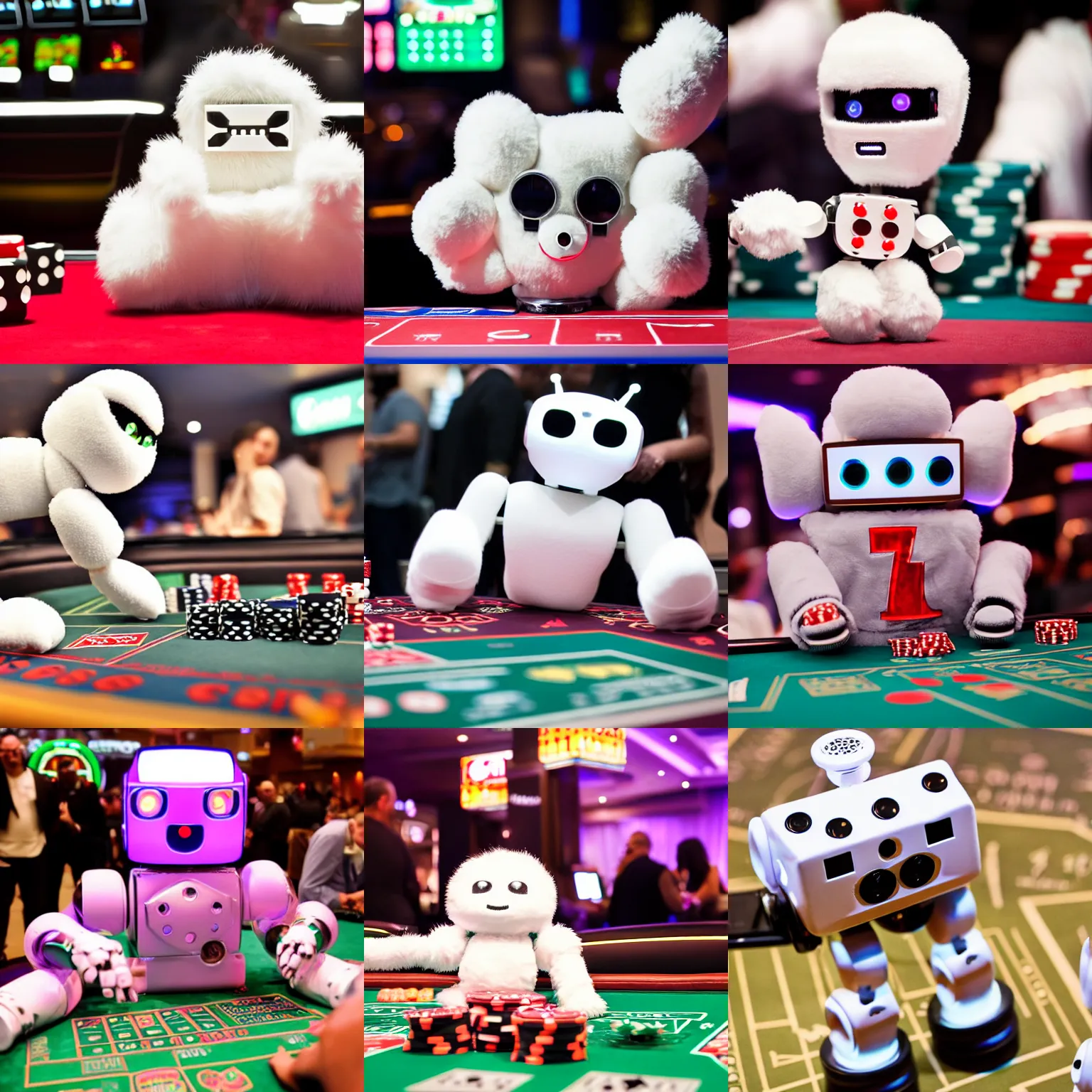 Prompt: canon eos, fluffy adorable robot high on gambling rolling the dice in vegas, full frame