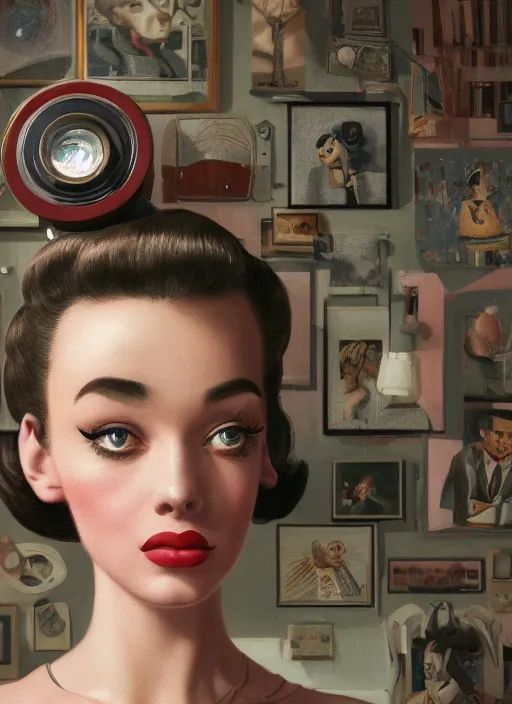 Prompt: closeup portrait of a retro 1 9 5 0 s living room, depth of field, zeiss lens, detailed, symmetrical, centered, fashion photoshoot, by nicoletta ceccoli, mark ryden, lostfish, breathtaking, 8 k resolution, extremely detailed, beautiful, establishing shot, artistic, hyperrealistic, octane render