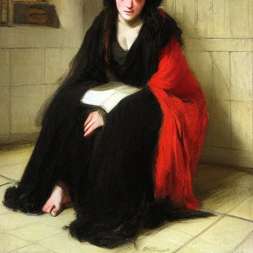 Image similar to vivid by edwin henry landseer. a beautiful conceptual art. her cell is as bare as mine. she is sitting in the middle, hugging her knees, wrapped in a toga - like garment.