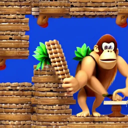 Prompt: Donkey Kong smashing down weed into large silver bags with a wooden mallet