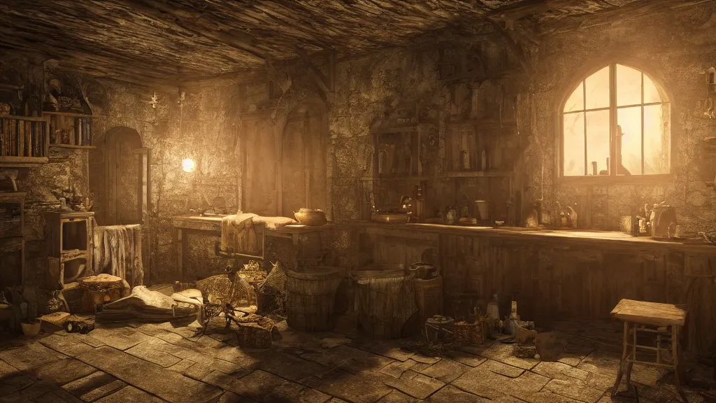 Image similar to A witch in the shadows of a dark decrepit medieval cottage at night, highly detailed interior, hyperrealistic, Lumion render, 8k UHD