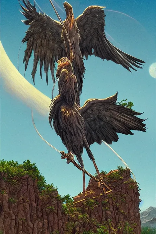 Image similar to howler shrine charm stork, art by larry elmore and tony diterlizzi, trending on artstation, atmospheric rear view epic fantasy, sacred geometry, fractalism, vaporwave, caricature