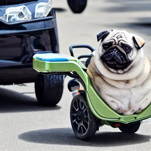 Image similar to a morbidly obese pug riding a motorized shopping cart mobility scooter, high resolution photo