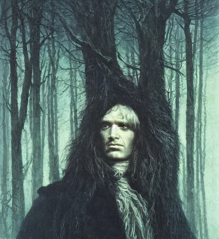 Prompt: extreme closeup portrait of a white raven man with long white hair in the winter forest, volume light, fog by caspar david friedrich by ( h. r. giger ) and paul lehr