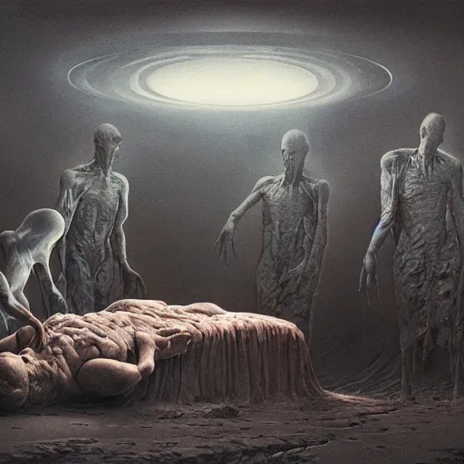 Image similar to government officials oversee an alien autopsy, beksinski, wayne barlowe, very coherent symmetrical artwork, cinematic, hyper realism, high detail, octane render, 8 k