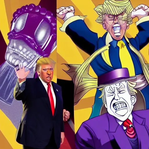 Prompt: donald trump in jojo's bizarre adventure, with his stand from jojo's bizarre adventure manifested as a floating purple figure behind him