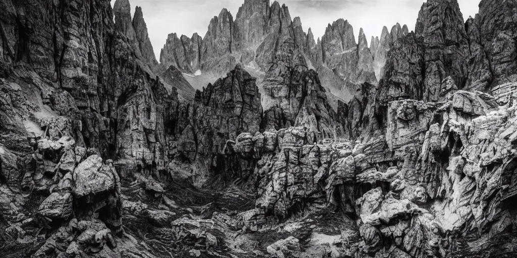 Prompt: photography of dolomites overgrown by roots, dolomites, alpine, detailed intricate insanely detailed octane render, 8k artistic 1920s photography, photorealistic, chiaroscuro, black and white, hd, by David Cronenberg, Raphael, Caravaggio