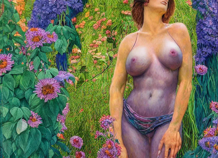 Prompt: stormy daniels full body, exterior botanical garden, portrait face, colorful, in the style of frantisek kupka, intricate, miles johnston, kuroda seiki, cynical realism, ozabu, john william godward, painterly, yoshitaka amano, moebius, beautiful lighting, miles johnston, klimt, louise zhang, james jean