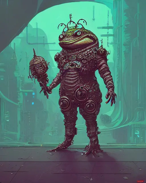 Image similar to a slimy anthropomorphic toad king wearing ornate cyberpunk armor, smooth, intricate, elegant, digital painting, artstation, steam, grungy steel, concept art, sharp focus, octane render, illustration, art by josan gonzalez,