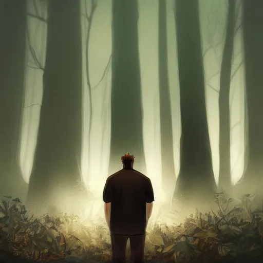 Prompt: man looking at camera in the forest, night time, surrounded by tall faceless creatures, horror, dark, eldritch, grainy film, artstation, realistic, detailed