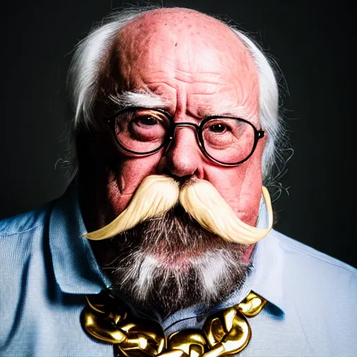 Image similar to dslr portrait photo still of!!! wilfred brimley!!! white mustache as a gangsta rapper with gold chains and gold teeth grills growling at camera, 8 k, 8 5 mm f 1. 8