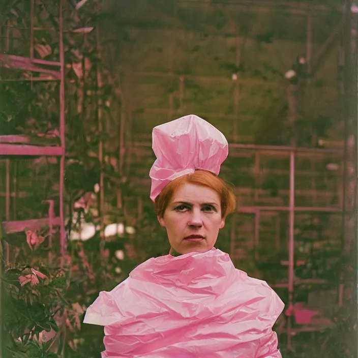 Prompt: closeup portrait of a woman wrapped in pink cellophane, standing in an overgrown greenhouse, color photograph, by edward hopper, canon eos c 3 0 0, ƒ 1. 8, 3 5 mm, 8 k, medium - format print