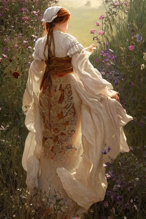 Image similar to beautiful cottagecore peasant maiden, intricate, elegant, highly detailed, digital painting, artstation, concept art, smooth, sharp focus, illustration, art by artgerm and greg rutkowski and alphonse mucha