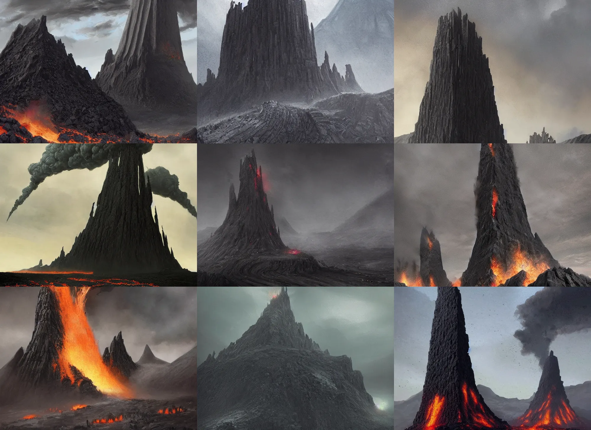 Prompt: Giant black steel tower fortress in a black sharp stone wasteland, black steel buildings, black smoke, black mountains, warforges, volcanos, lava, a fantasy digital painting by Greg Rutkowski and James Gurney, trending on Artstation, highly detailed